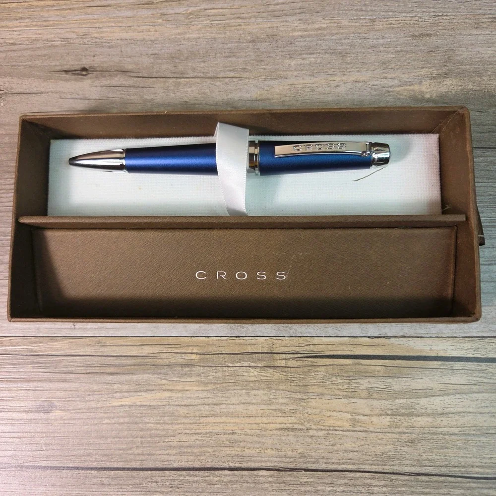 Cross Ballpoint Pen Matte Blue Chrome Trim Executive Writing Gift Set With Box